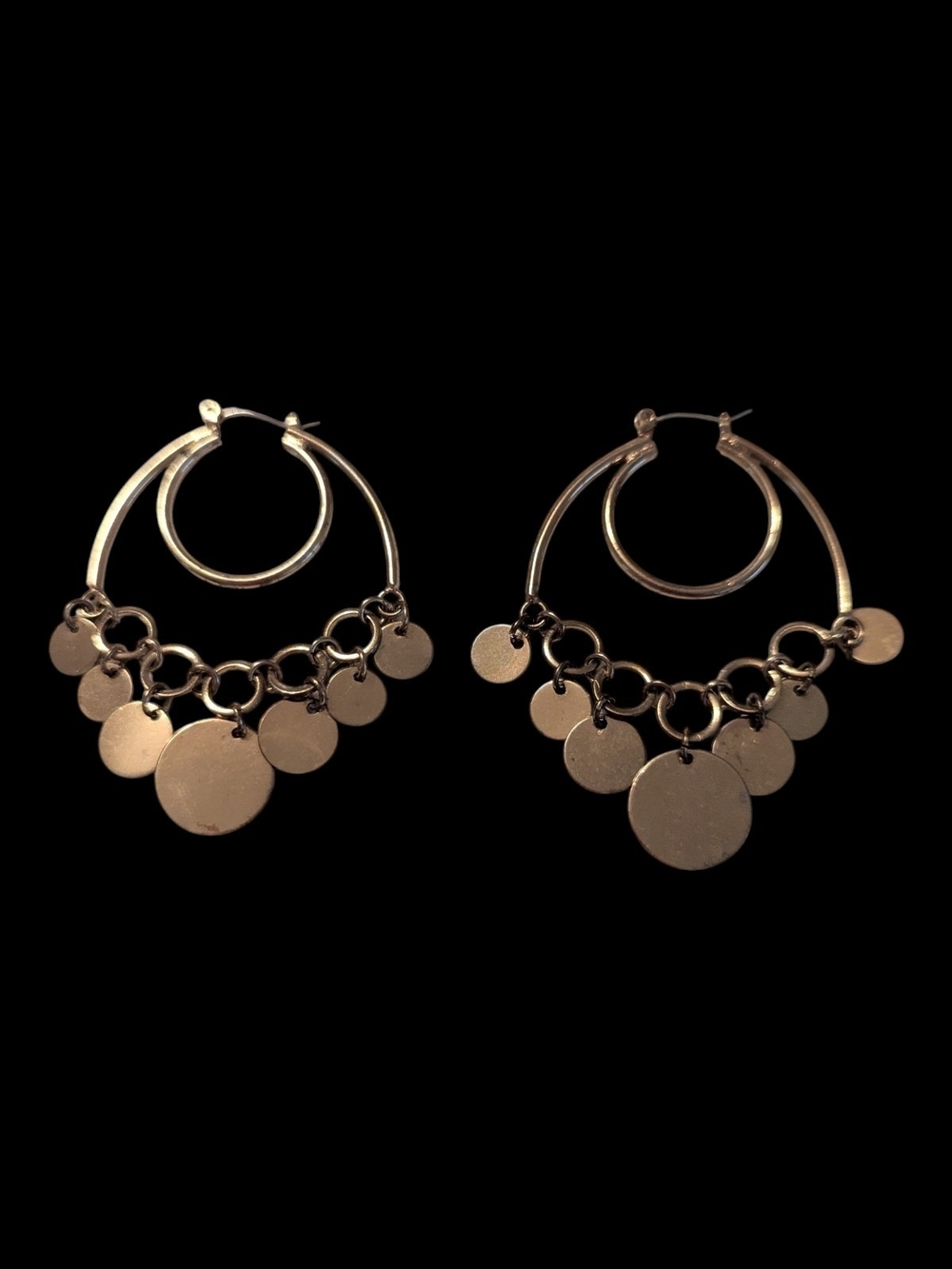 VTG Boho Turkish Gypsy Gold Tone Double Hoop W Disc Charms Chandelier Earrings